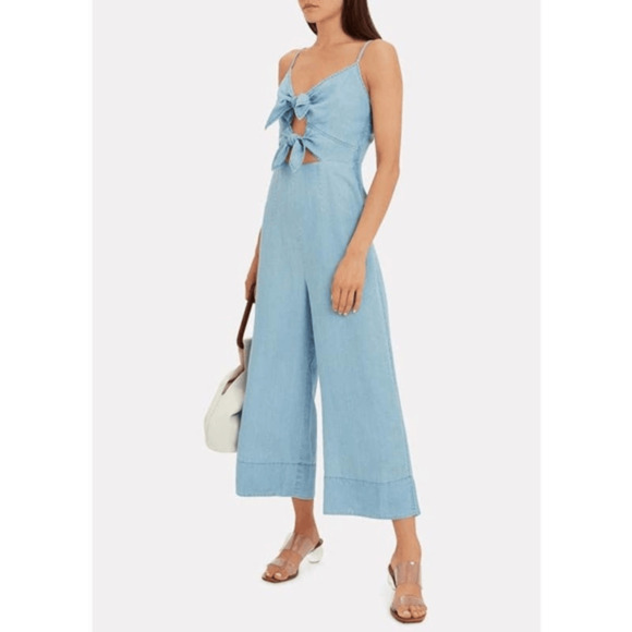 INTERMIX Tara Cutout Tie Front Wide Leg Jumpsuit in Blue Chambray womens 2 - Picture 8 of 8